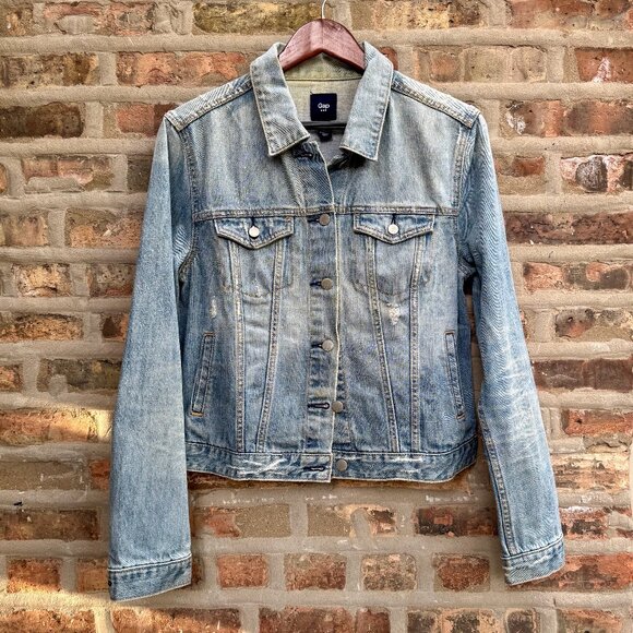 Gap Cropped Demin Jean Jacket Distressed Medium Wash 100% Cotton Womens L - Picture 1 of 8